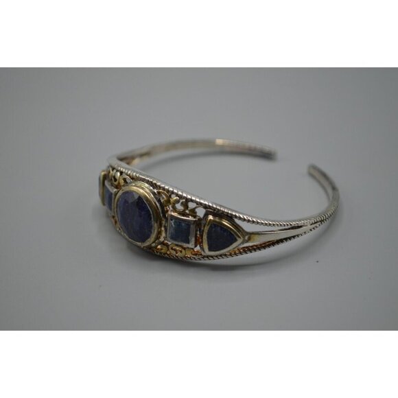 Navy Blue Stone Bangle Bracelet Sterling Silver 925 Filigree 23.03g 2.25" - Picture 1 of 8